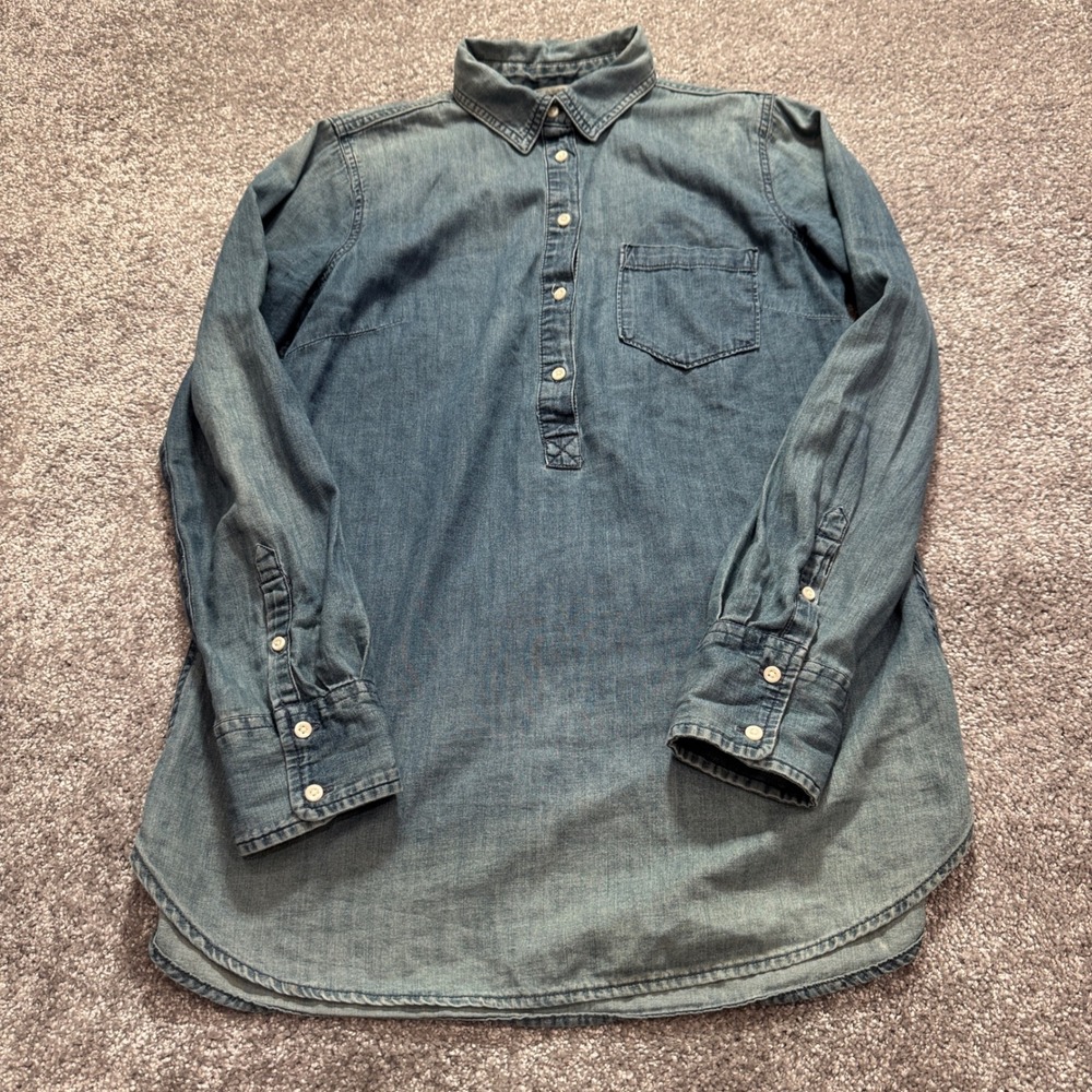 Merona Shirt Women S Blue Denim Chambray Cotton Pullover Tunic Western Classic